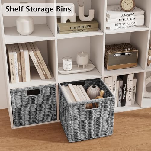 Vagusicc 9 inch Wicker Storage Cubes, Set of 2 Handwoven Wicker Baskets for Storage, Square Cube Organizer Bins, Foldable Paper Rope Storage Baskets for Organizing, Grey