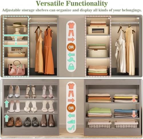 Besiost Closet System with 2 Drawers, 3 Hanging Rods, 59.5" * 31.5" Closet Organizer System with Corner Tower, Reversible L Shaped Walk-in Closet System, Corner Closet System Set of 2, Morandi Grey