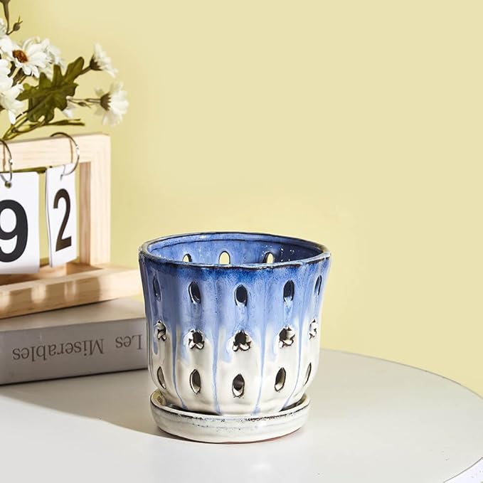 Orchid Pots with Holes Attached Saucers 5 Inches - 2 Pcs Small Ceramic Pots for Repotting, Decorative Ceramic Orchid Planter with Hole for Healthy Root Growth Mixed Color