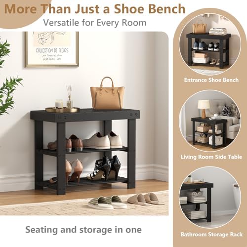 Sweetcrispy 3-Tier Shoe Rack Bench for Entryway, 19 Inches, Black