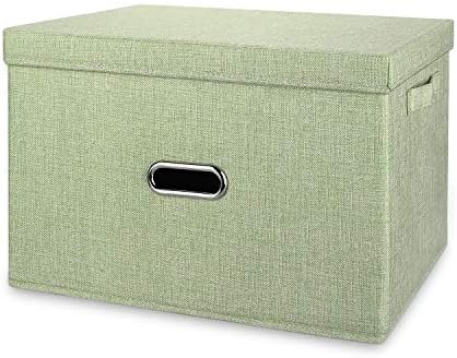 Linen Fabric Collapsible Storage Bins with Removable Lids and Handles, Washable Storage Box Containers Baskets Cube with Cover for Bedroom,Closet,Office,Living Room,Nursery (Green, Medium)