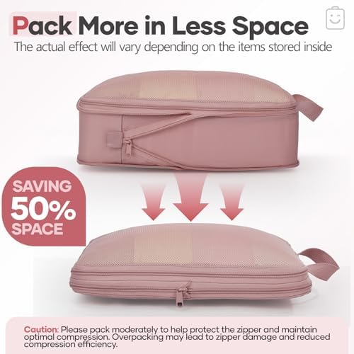 Veken 9/11 Set Compression Packing Cubes for Travel Essentials,Compressible Expandable Large Luggage Suitcase Organizer Bags for Clothing,Space Saver Bags with Over 1000 pcs of Mesh Holes(Light Coral)