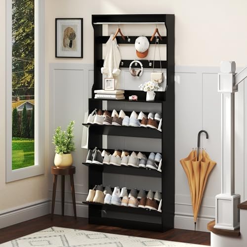 Shoe Cabinet for Entryway with 3 Flip Drawers, Black Tall Shoe Storage Cabinet with Coat Rack, Wood Narrow Slim Hidden Freestanding Shoe Rack Organizer, 2 in 1 Hall Tree for Living Room, Hallway