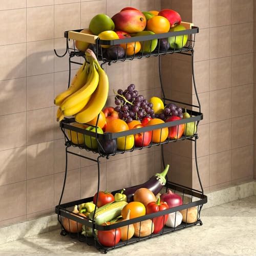 Sevenblue 3-Tier Fruit Basket with Banana Hangers, Detachable Metal Bowl