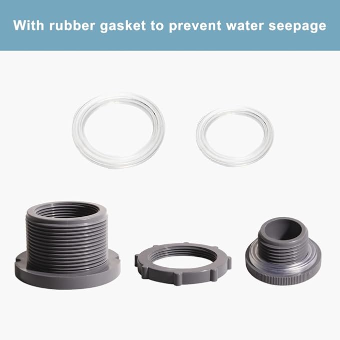 Ququyi 1.25 Inch PVC Bulkhead Water Tank Connector Adapter Fitting with Plugs Thru-Bulk Pipe Fitting for Rain Barrels, Aquariums, Ponds(Set of 2)
