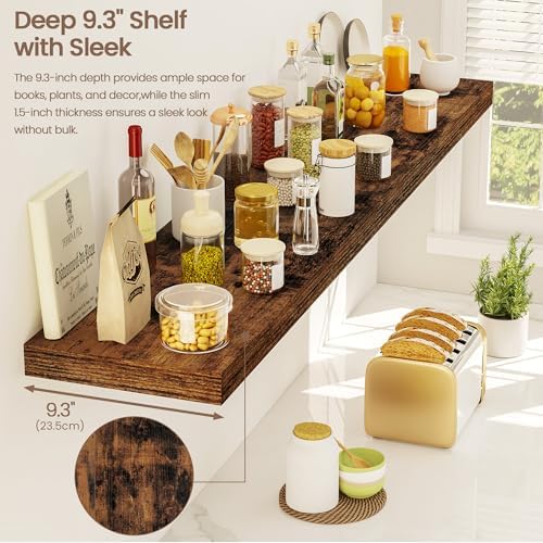 Vivelove Floating Shelves 9 inch Deep 48”Long Set of 2, Rustic Brown | Easy Install With Hardware, 1.5" Thick, Invisible Brackets, Wall Mounted, No Sagging, For Any Room