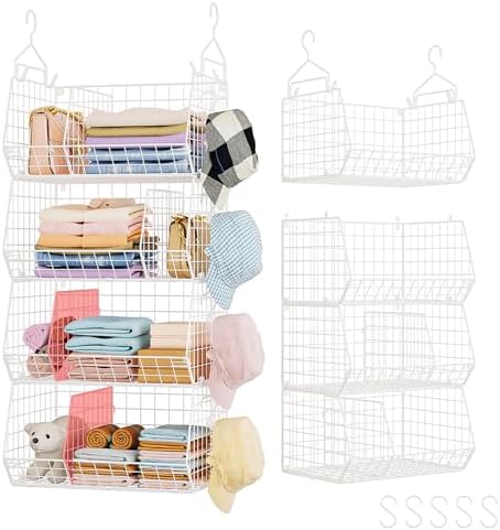 4 Tier Extra Large Hanging Closet Organizer ,Closet Organizer Hanging with 5 S Hooks 4 Dividers,Clothes Organizer Clothing Sweaters Clutches Handbags Hats Accessories-White