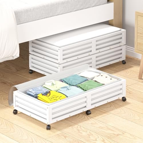 Bamboo Under Bed Storage with Wheels Rolling Underbed Drawer with Lids