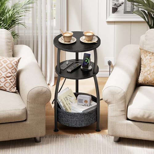 Side Table with Charging Station, Small Round End Table with Basket | Small Coffee Table with USB Type-C Port, 3-Tier Bedside Corner Table Stand for Living Room, Bedroom, Garden 11.8in Black