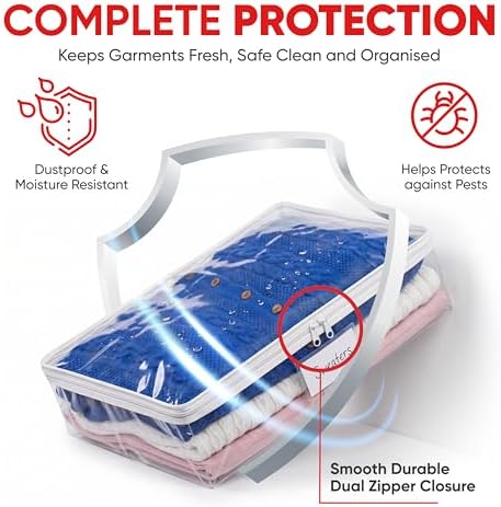 Masirs Clear Sweater Storage Bags 2-Pack – Zippered Vinyl Organizers with Label Pocket, Durable Dustproof Clothing Storage for Sweaters, Blankets, Linens, Underbed & Closet Use