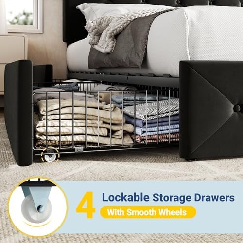 Allewie King Size Storage Bed Frame with 4 Underbed Drawers, Soft Black