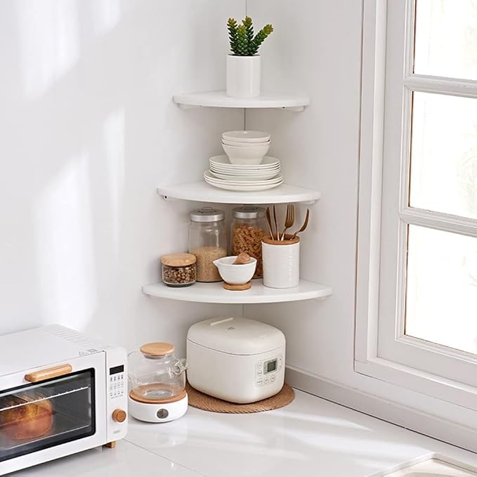 Corner Shelves, Floating Corner Shelf, Set of 3 Solid Oak Wood Corner Wall Shelves, Round End with Wire Hole Shelving for Small Plant for Bedroom Kitchen, Living Room (Size 9/10/12in)