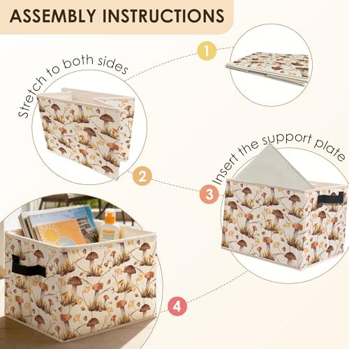 Rustic Cottagecore Mushroom Storage Bins Box with Handles, Vintage Botanical Mushroom Foldable Basket Toybox for Bedroom Bathroom Laundry Room Home Clothes Toys Books