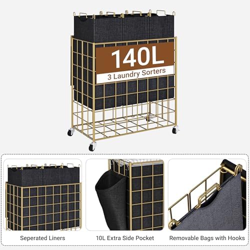 Laundry Basket with Wheels, Heavy Duty Laundry Sorter 3 Sections, 140L (37Gal.) Large Capacity Hamper with Wood Lid, 360 Rolling Wheels, Extra Side Pocket, Leather Pull Handle,Golden+Black