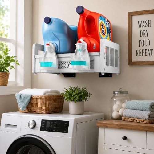 Wooden Wall Mount Laundry Detergent Holder, Rustic White