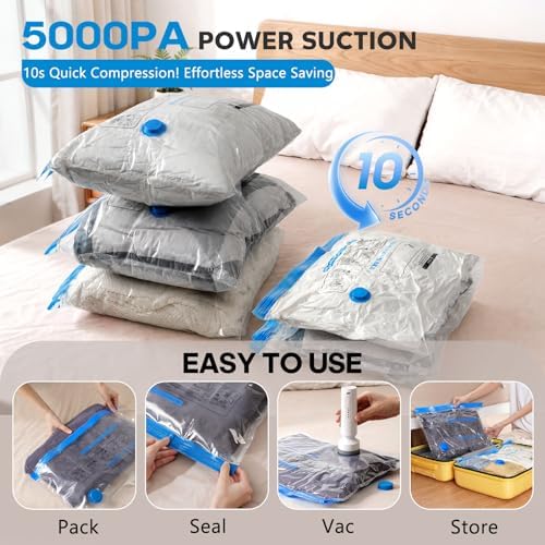 15 Pack Vacuum Storage Bags for Travel with Rechargeable Cordless Pump, Space Saver Bags for Clothes, Compression Packing Bags for Luggage and Suitcase,Blue
