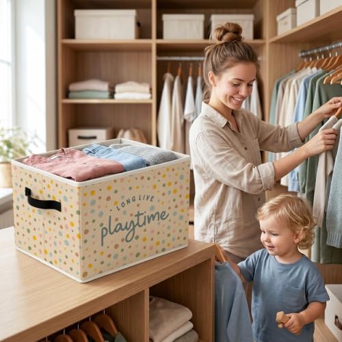 Boho Polka Dot Kids Playroom Storage Bins with Handles, Long Live Playtime Collapsible Laundry Basket Organizer for Boy Girl Nursery Room, Kids Room Decorative Storage Boxes