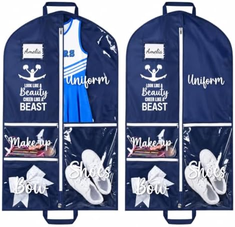 DEEKA Cheer Garment Bag for Hanging Clothes with Zipper Pockets Cheer Accessories Mom Essentials Uniform Costume 40 Inch Black Bags Stuff for Cheerleading Girls (Navy Blue,White-Cheer Quote)