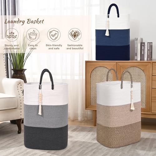 Woven Laundry Basket for Clothes,100 L Large Rectangle Laundry Hampers with Beads Tassel, Nursery Storage Basket for Toys, Tall Dirty Clothes Hamper for Bedroom Aesthetic, Laundry Room Organization