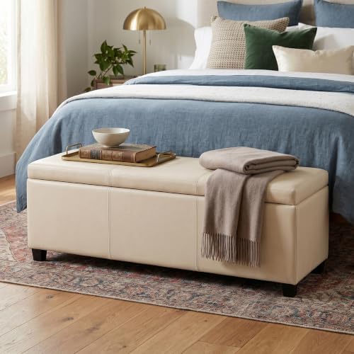 SIMPLIHOME Avalon 48" Wide Vegan Leather Storage Ottoman in Satin Cream | Contemporary lift-top ottoman with high-density foam; rectangle storage bench or coffee table for living room or entryway.
