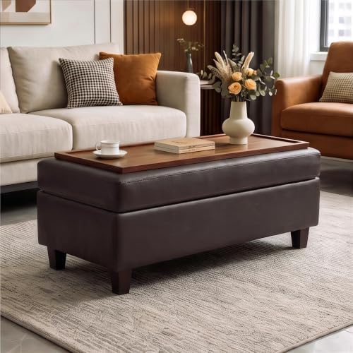 GENTEACO 45" Ottoman Coffee Table with Storage, Reversible Wooden Tray Top, Large Leather Upholstered Ottoman, Hidden Storage Foot Rest Bench for Living Room, Bedroom, Entryway,Dark Brown