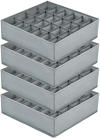 Joyoldelf Sock Drawer Organizer Divider Underwear Organizer 24-cell Fabric Dresser Drawer Organizers Storage Boxes for Socks Lingerie, Handkerchiefs, Ties 4 Pack (Grey)