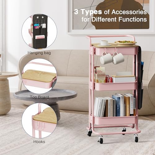 DTK 3-Tier Rolling Cart with Table Top, Metal Utility Cart with Side Bags | Tray Storage Organizer, Lockable Wheels, 4 Hooks, Art Cart for Kitchen, Bathroom, Office, Craft room, Living room, Pink