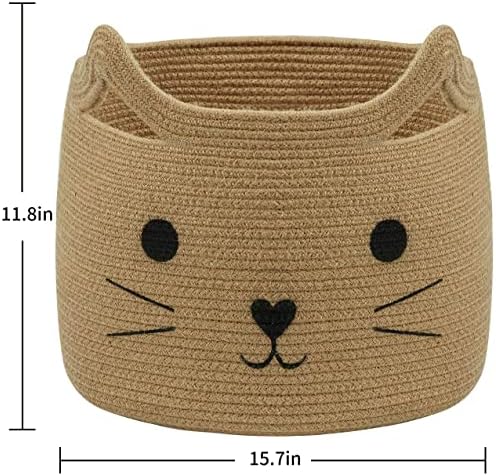 Large Woven Rope Cat Toy Basket with Cat Face Design, Jute