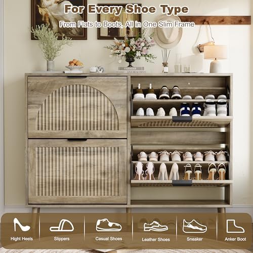 Shoe Storage Cabinet with 4 Flip Drawers, Narrow Wood Shoe Organizer Cabinet with Fluted Panel, Slim Shoe Rack for Entryway, Freestanding Shoe Cabinet for Living Room, Hallway, Grey