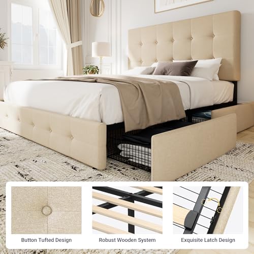 Allewie Full Size Storage Bed Frame with 4 Underbed Drawers, Beige