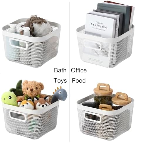 MorningRo 4 Pack Metal Mesh Basket with Hollow Handles White Wire Storage Bin for Organizing Stackable Metal Fine Mesh Basket for Pantry Bathroom Kitchen Cabinets Shelves (Medium)