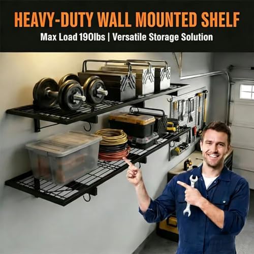 Garage Wall Shelving, 46" x 12" Floating Shelf, Heavy Duty, 190 LBS Load Capacity, Black Storage Rack for Shop, Shed, Closet, Basement