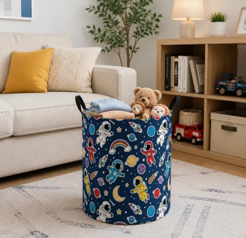 MAIZMZ Kids Storage Bin Astronaut Space Hamper,15.7" D x 19.7" H Waterproof Linen Laundry Basket with Leather Handles for Boys Room, Gifts