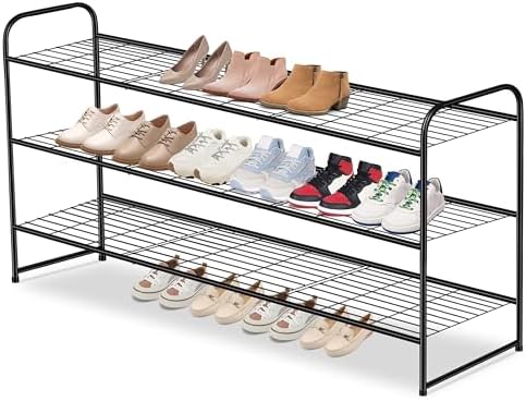 AOODA Long 3 Tier Metal Shoe Rack for Closet Wide Stackable Shoe Storage Organizer for Entryway, Bedroom, Floor, 24-Pairs Men Sneakers Shoe Shelf with Wire Grid, Black