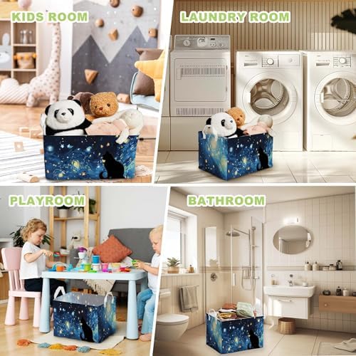 Starry Night Black Cat Toy Basket, Closet Shelf Organizer Baskets for Nursery Decor, Bathroom, Bedroom, Home Decor Gift Basket Large Squarecanvas Laundry Hamper With a Waterproof PE Coating, Foldable