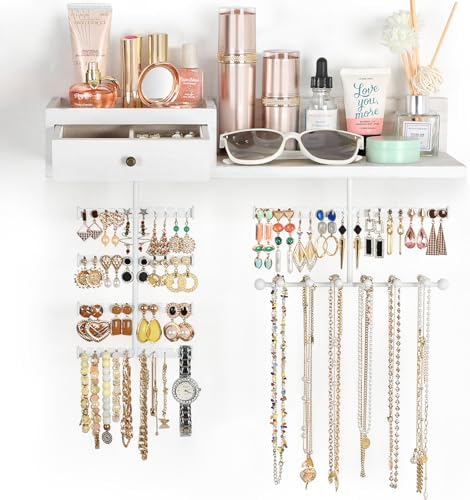 VINAEMO Jewelry Organizer Hanging Wall Mounted Jewelry Holder with Rustic Wood Drawer & Large Capacity Storage Shelf Rack Display for Earrings Rings Necklaces Bracelet(White Iron)