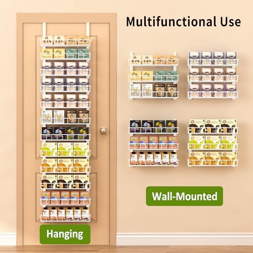Churboro 12 Tier Over Door Pantry Organizer, 2-in-1 Adjustable Spice Rack | Pantry Door Organizers and Storage, Hanging or Wall Mount Spice Rack, Sturdy Metal Shelves with 12 Adjustable Baskets, White
