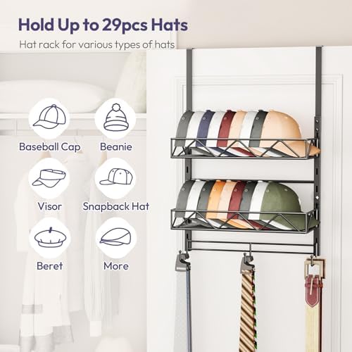 SWTYMIKI Over Door Hat Organizer - 3 Tier Wall Mounted Hat Rack with 2 Adjustable Metal Basket and 3 Hooks, Hanging Baseball Cap Organizer Storage Holds up to 29 Caps for Door, Bedroom, Closet