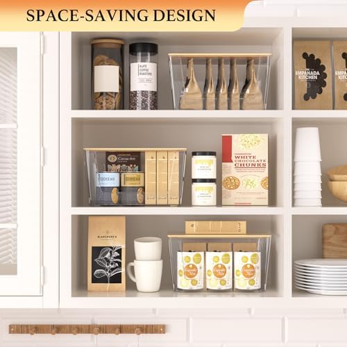 CiWiVOKi 6 Pack Clear Stackable Storage Bins with Bamboo Lids, Trash Bag Holder Dispenser Under Sink Organizer for 4-13 Gal Bags, Plastic Storage Containers for Pantry Bathroom Kitchen Organization