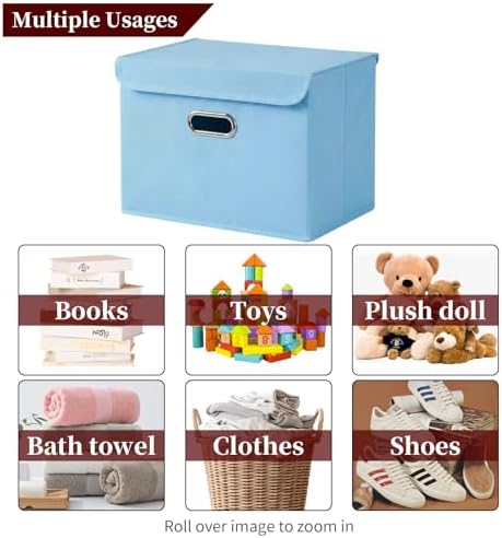 STOREONE Fabric Storage Cube Bins Foldable Organizer Container Collapsible Basket with Lids and Metal Handles, for Home, Bedroom, Closet 6 Pcs (multicolour-blue)