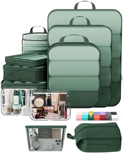 Veken 11 Set Compression Packing Cubes Garment Bags for Travel Essentials,Compressible Expandable Luggage Organizer Bags for Clothing,Space Saver Bags with Over 1000 pcs of Mesh Holes(Dark Green)
