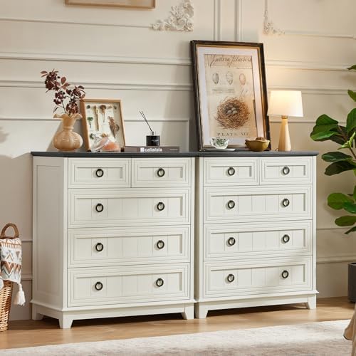 Joaxswe Farmhouse 5 Drawer Dresser for Bedroom, 33.2" Tall Chest of Drawers | Rustic Wood Dresser with Metal Handle, Storage Organizer Closet for Living Room, Hallway, Entryway, White