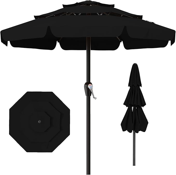 AreShark 12FT 3-Tiers Patio Umbrella with Valance, Outdoor with Crank, Large Outdoor Market Umbrellas Vented with 8 Sturdy Ribs, Patio Table Umbrellas for Garden, Deck, Backyard, Pool, Black