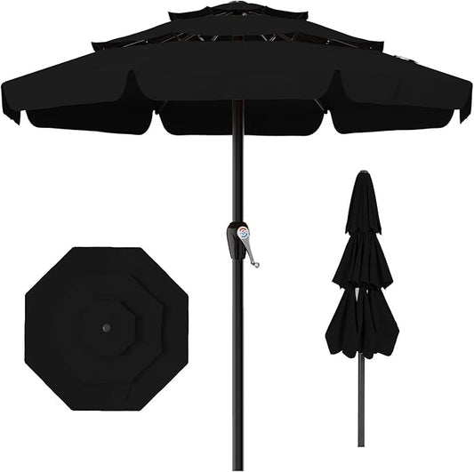 AreShark 12FT 3-Tiers Patio Umbrella with Valance, Outdoor with Crank, Large Outdoor Market Umbrellas Vented with 8 Sturdy Ribs, Patio Table Umbrellas for Garden, Deck, Backyard, Pool, Black