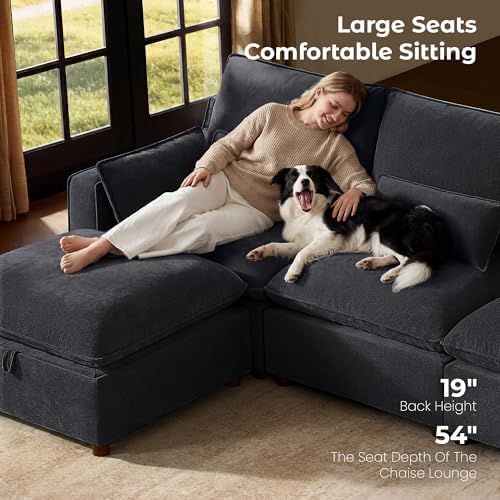 WorthFurni Modern Modular Sectional Sofa,105" V Shape Sectional Cloud Couch with Storage Ottoman,Comfty 6 Seat Sofa for Living Room,Black Chenille
