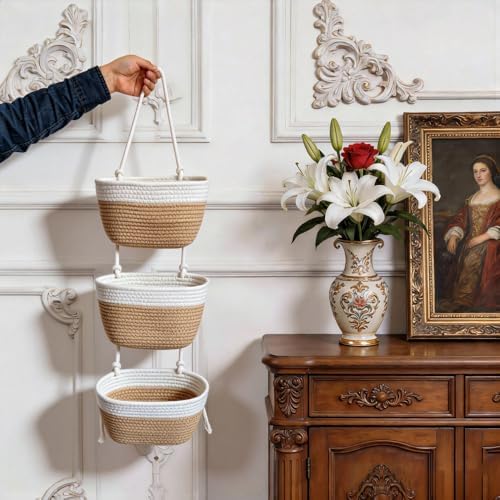 3-Tier Decorative Cotton Rope Hanging Basket, Wall-Mounted Woven Storage Organizer Bag, White + Jute
