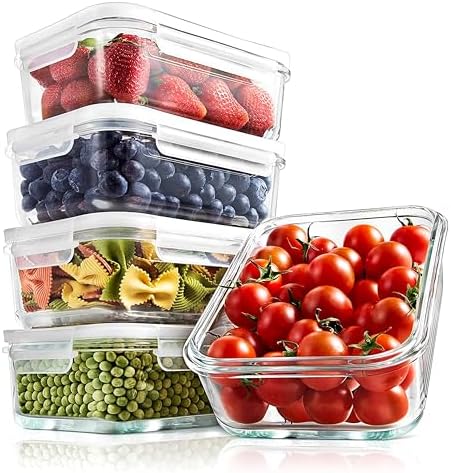 NutriChef 5-Piece 30 oz Reusable Glass Meal Prep Containers - Stackable Kitchen Storage Containers for Food, 4-Side Locking Plastic Lids w/Vent Hole - Easy to Clean, Dishwasher Safe (Flat)
