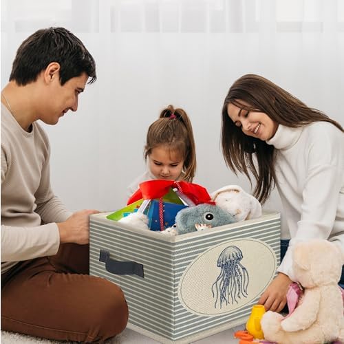 Blue Coastal Beach Jellyfish Foldable Storage Bins Box with Handles, Ocean Nursery Jellyfish Marine Life Collapsible Toys Books Clothes Organizer Basket for Kids Nursery Bedroom Bathroom