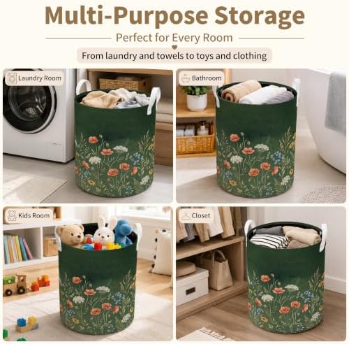 Vintage Wildflower Laundry Basket, Dark Green Botanical Cottagecore Floral Waterproof Laundry Hamper Clothes Toys Storage Organizer Bin for Bathroom Bedroom