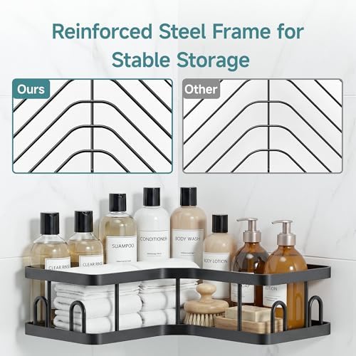 Veken Large Capacity Corner Shower Caddy 5-Pack, Advanced Rustproof Design | No Drilling Adhesive Shelves, Rack with Soap Holder & Hooks, Thickened Metal Frame, Bathroom Organizers and Storage, Black